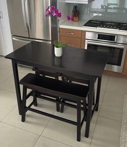4-Piece Black Wood High Dining Table Set (Table, 2 Stools & Bench)