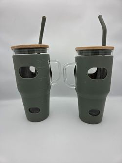 Two 32oz Glass Tumblers with Straw and Lid, Glass Water Bottles with Bamboo Lids and Straws