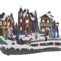 Large Animated Christmas Village Skating Town, Resin Musical Snow Scene with 4 Moving Skaters Lighted, Adapter