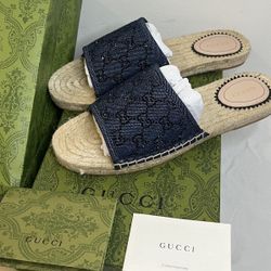 🔥 Authentic Gucci Pilar GG Denim Crystal Espadrille Sandals – Brand New 🔥  