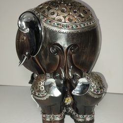 Vtg 8" Wooden Jeweled Indian Elephant Family Figurine Statue Cultural Antique