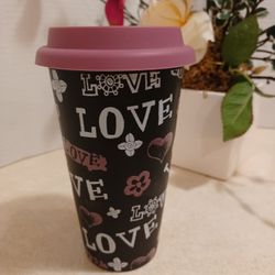New Tall Ceramic Cup With Silicone Lid,  Hearts & LOVE Print 