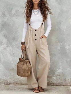Beige Wide-Leg Linen Overalls