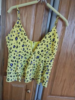 Super Down Halter Top Layered Soft Ruffle Yellow Cheetah Print Adjustable Straps New Size M