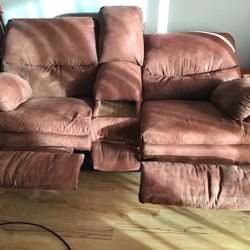 Plush Faux Suede Double TV recliner W/ tray and storage