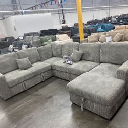 XL Sectional Sofa With Pull- Out Bed  & Storage Dark Grey Or Grey Corduroy 