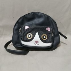 Black Leather Backpack With Cute Cat On The Front