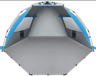 X-LARGE 4-Person UV BEACH TENT with 6 Sand Pockets, Sky Blue, Quick setup shade includes a carrying bag, stakes and weighted corners for windy days, f