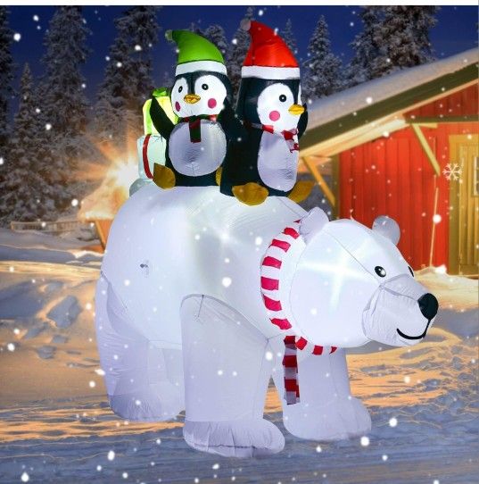 7FT Inflatable Christmas Polar Bear with Penguin and Gift Boxes, 5 Led Lights
