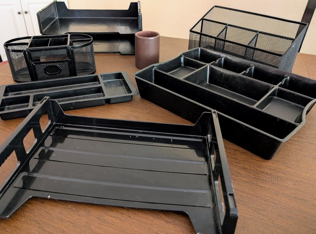 $3 - $10 each, desktop pen holder divided tray leather cup mesh wire desk accessory organizer stand
