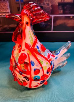 Vintage Murano Style hand blown chicken/rooster with Millefiori speckles on white art glass