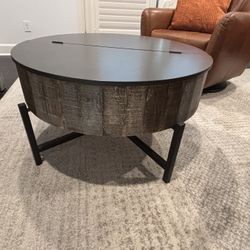Round Rustic Storage Coffee Table – Solid Wood & Metal Base
