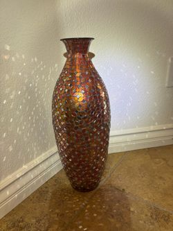 Tall Amber & Copper Mosaic Glass Floor Vase.
