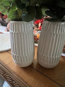 TJ Maxx White Artificial Plant Vases x2