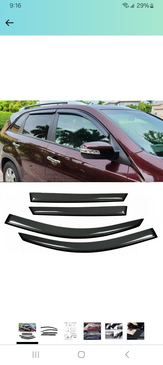 Side Window Wind Deflector, 4pcs Out-Channel Tape-On Nice Rain Guards Set, Window Visor fit for 2011-2015 Kia Sorento 94187

