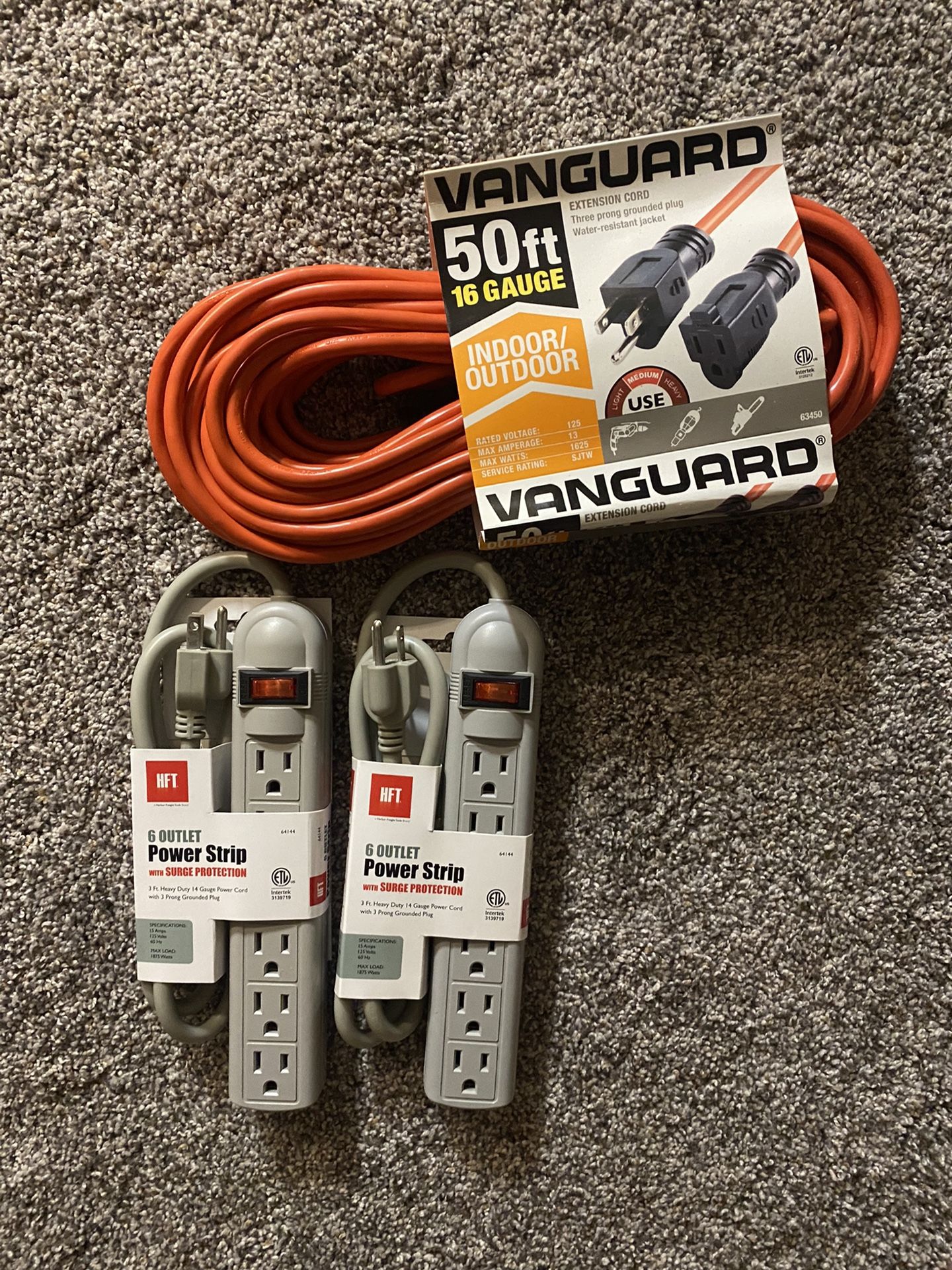 50ft Extension Cord, And TWO power Strips  New in Box 