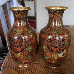 Pair Of Large Brown and Gold Cloisonne Vase With Blossom Flowers