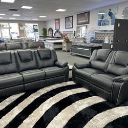 Gray Leather Sofa & Loveseat + Free Recliner Chair