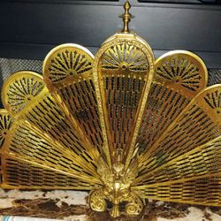 Vtg Japanese Brass Fireplace Hearth Fan Screen Winged Lion Griffin Peacock Style