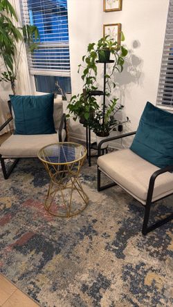 Set of 2 Modern Accent Chairs – Beige Cushions + Black Metal Frame