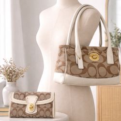 Coach White Trim Shoulder Bag with Matching Wallet