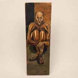 Vintage Expressionist Oil Painting Huddled Starving/Poverty Man Signed 30x10
