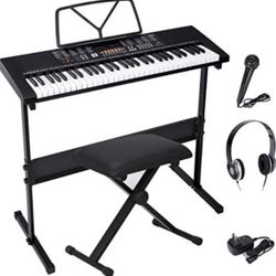 61-Key Portable Electronic Piano LED Display Keyboard Kit W/ Music Stand, Headphones, Microphone
