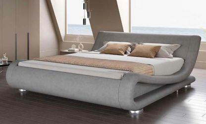 Full Size Sleigh Bed Frame -Adjustable Head Board- Padded Grey Linen Bed