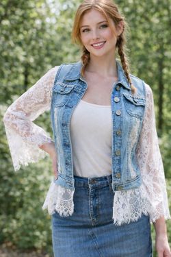 Romantic Lace-sleeve Redesigned  Reworked Upcycled  Denim Jacket