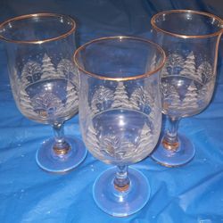Vtg Libbey Arbys Etched Winter Scene Wine Glasses With Gold Rim. Set Of 3.