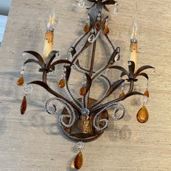 “set Of 2  Luxury Iron & Crystal Wall Sconce Set – Antique Gold / Amber”
