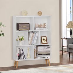YAHARBO White Bookshelf,3 Tier Book Shelf with Legs, 7 Cube Minimalist Bookcase,Storage Organizer Shelves Display Bookcases for Bedroom,Living Room 
