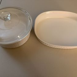 3pc. French White Corning Ware Baking Set, Oval, Round W Lid. 