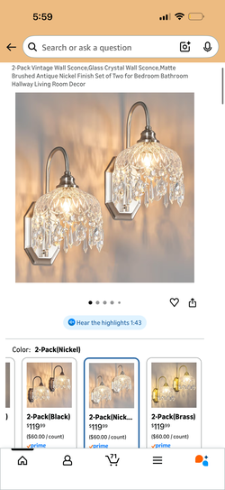 2-Pack Vintage Wall Sconce,Glass Crystal Wall Sconce,Matte Brushed Antique Nickel Finish Set of Two