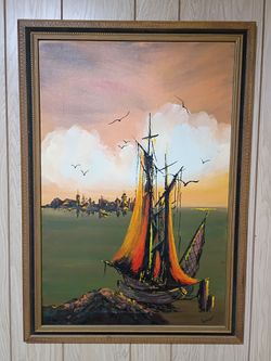 Mid Century Modern Vintage Oil On Canvas Framed Ship Sailboat Painting Signed by Artist