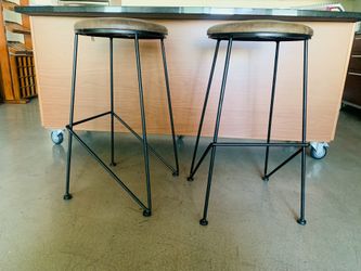 Two Bar Stools Brown Leather