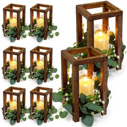 Pcs Wooden Lantern Centerpiece with Eucalyptus Rings and LED Candles 5.5 x 5.5 x 10.6 Inches