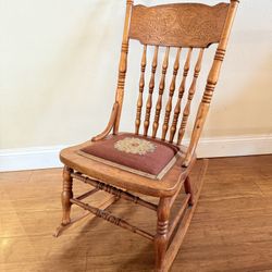 Antique Oak Pressed Back Rocker, Upholstered Seat 