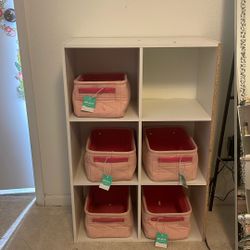  White 6-Cube Shelf with 6 Pink Storage Bins — $40