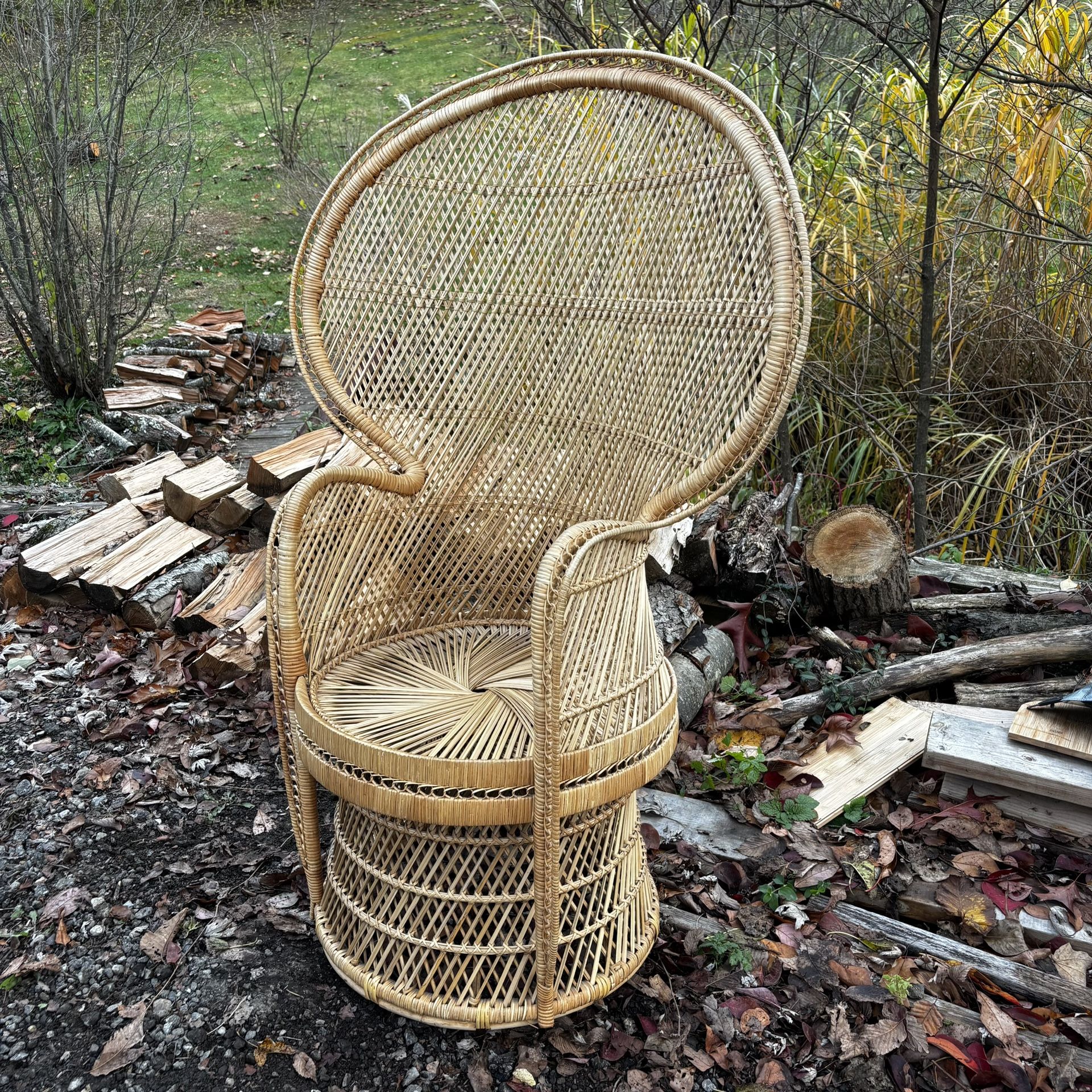 Vintage 1970s Wicker Rattan Peacock Chair Boho Fan Back Throne High Back Accent
