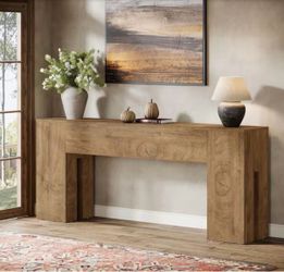 71 in. Wood Color Rectangle Wood Consol e Tab le with Sturdy Base, Long Entrywa y Tabl e Behind Cou ch Sof a Tabl e
