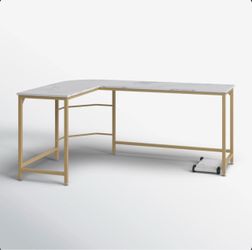 L-Shaped Reversible Faux Marble Desk with Gold Frame