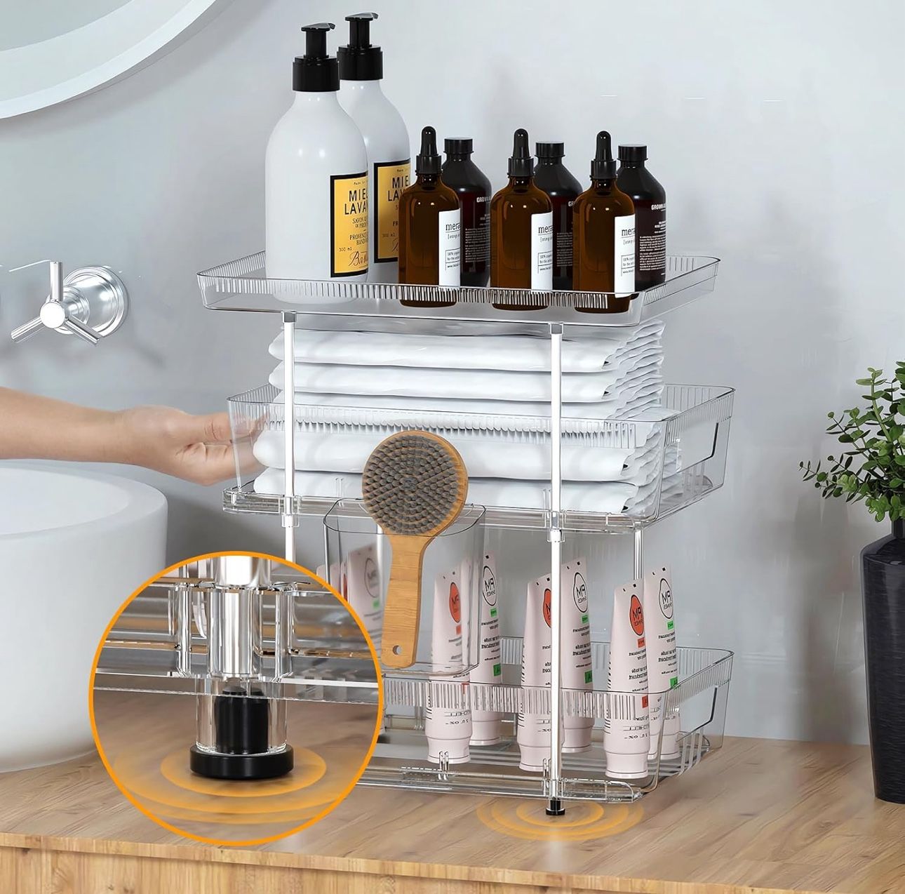 3 Tier Large Pull Out Cabinet Organizer, Adjustable Bathroom and Pantry Organizer with Dividers, Kitchen Under Sink Organizer, Multi-Purpose Sliding D