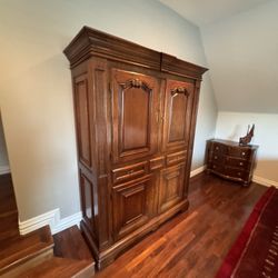 Wooden Armoire And Credenza With Mirror