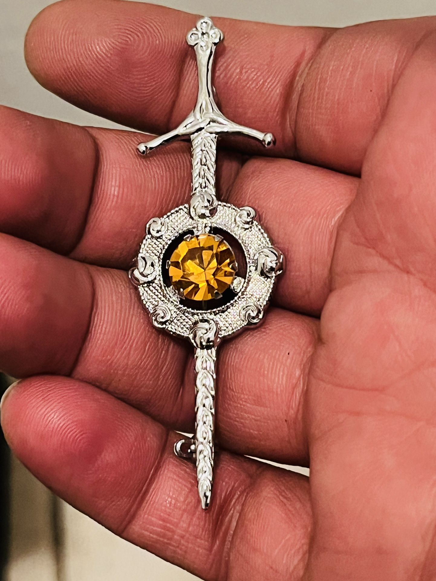 Beautiful MCM Scottish Celtic Vintage Mizpah Silver tone and Gemstone  Sword Brooch/Pin