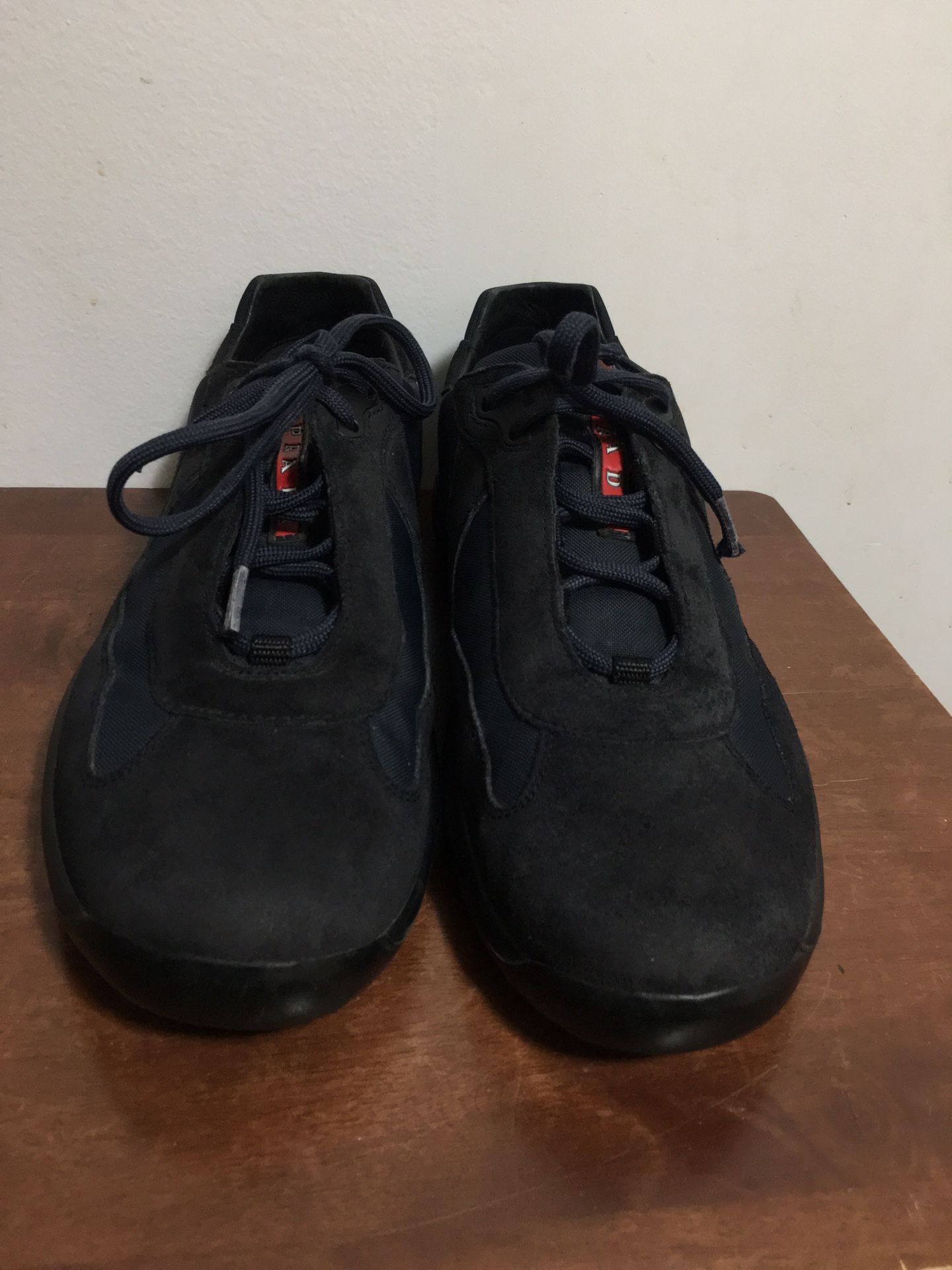 Prada Mens Americas Cup Sneakers. Size 9.5 Navy Blue Suede Leather. serial Number PS0906. Perfect and excellent condition condition