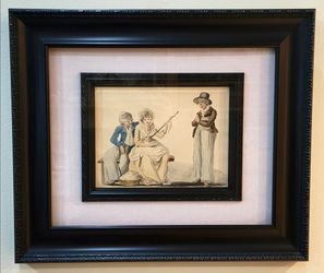 "Lady With Spindle" Antique Line and Wash Watercolor after Henry Bunbury 26x22