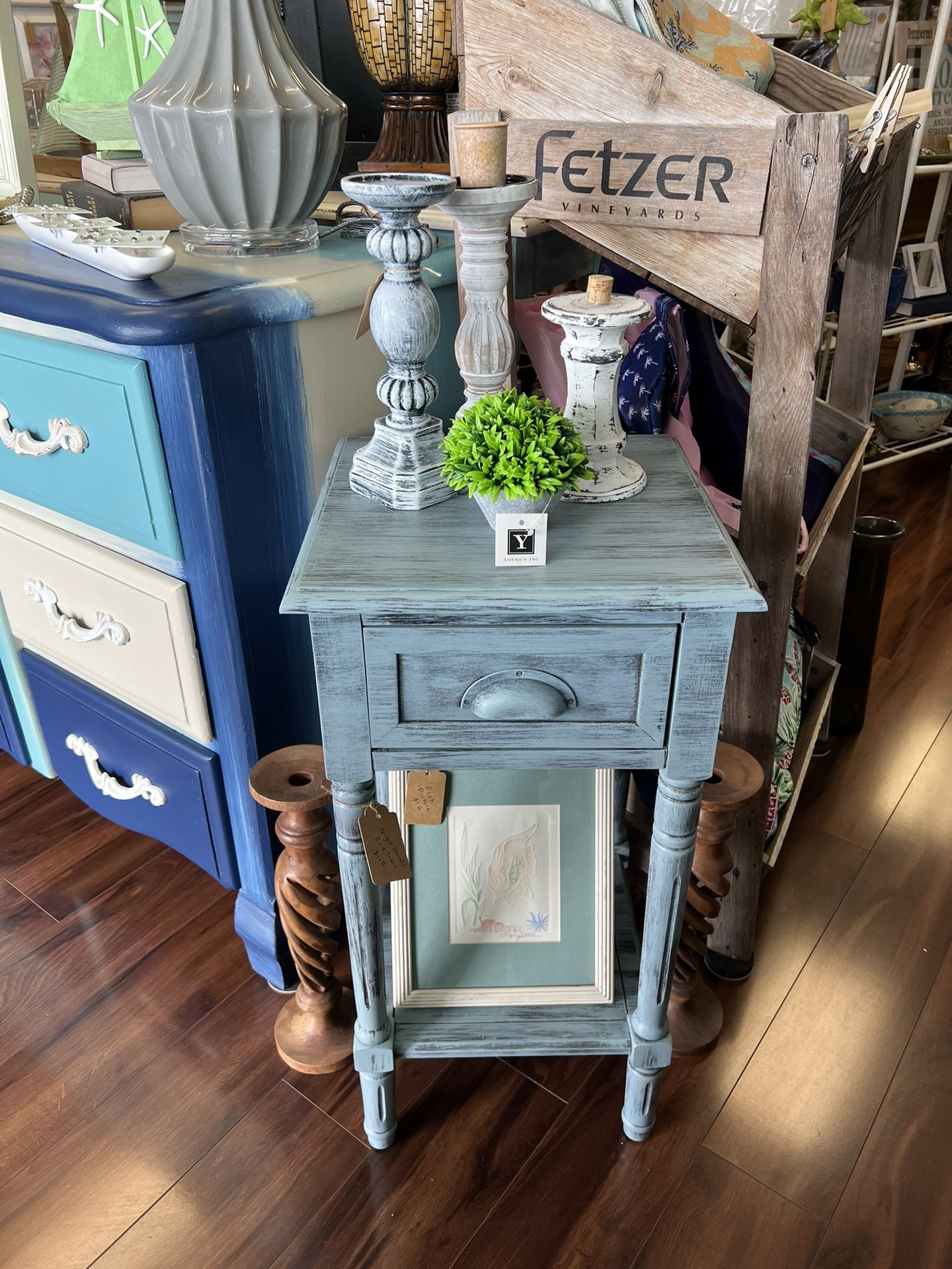 Super Cute Shabby Chic Coastal Persian Blue Solid Wood Night Stand Bed Side Table End Table