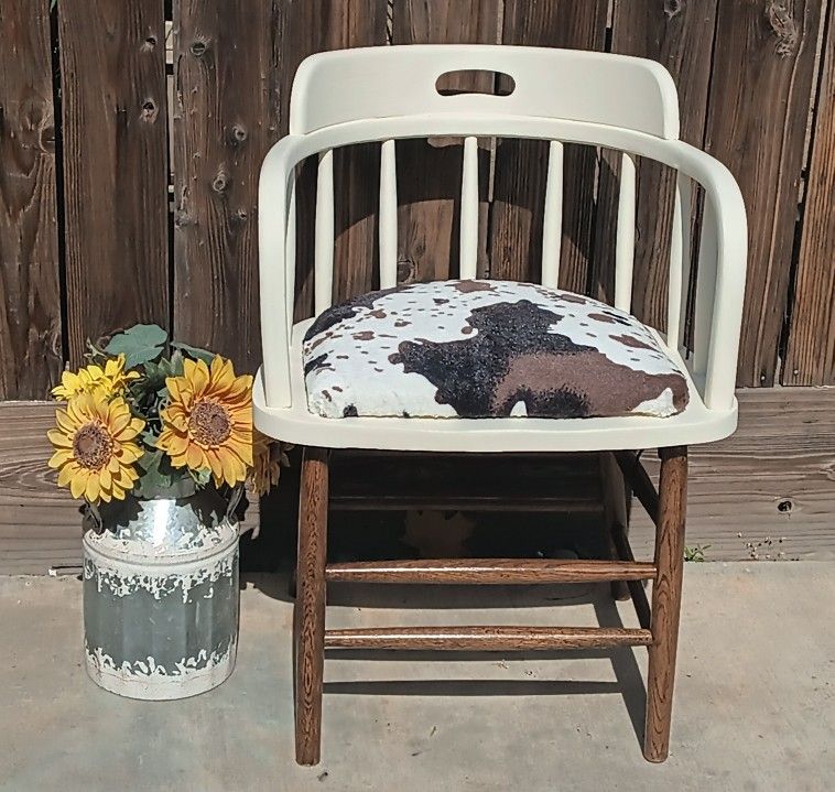 Refurbished Rustic  Farmhouse Faux Cow Hide Vintage Bar Chair 