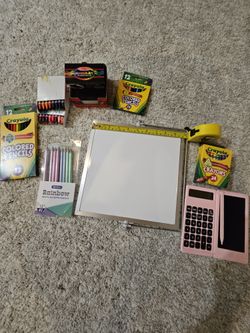 Art/School supplies, Calculator, Colored Pencils, Crayola Crayons, Screen Protector, Double sided White board
